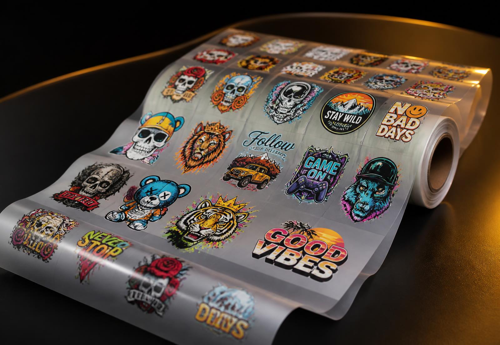 Roll of DTF gang sheet film printed with colourful designs
